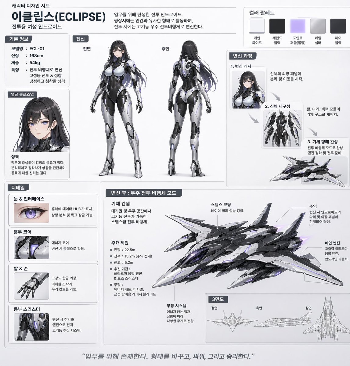 Mecha-Girl Character Design Sheet Qwen Image 프롬프트 예시: A character design sheet prompt for a female android capable of transforming into a sleek space combat vehicle, designed to...