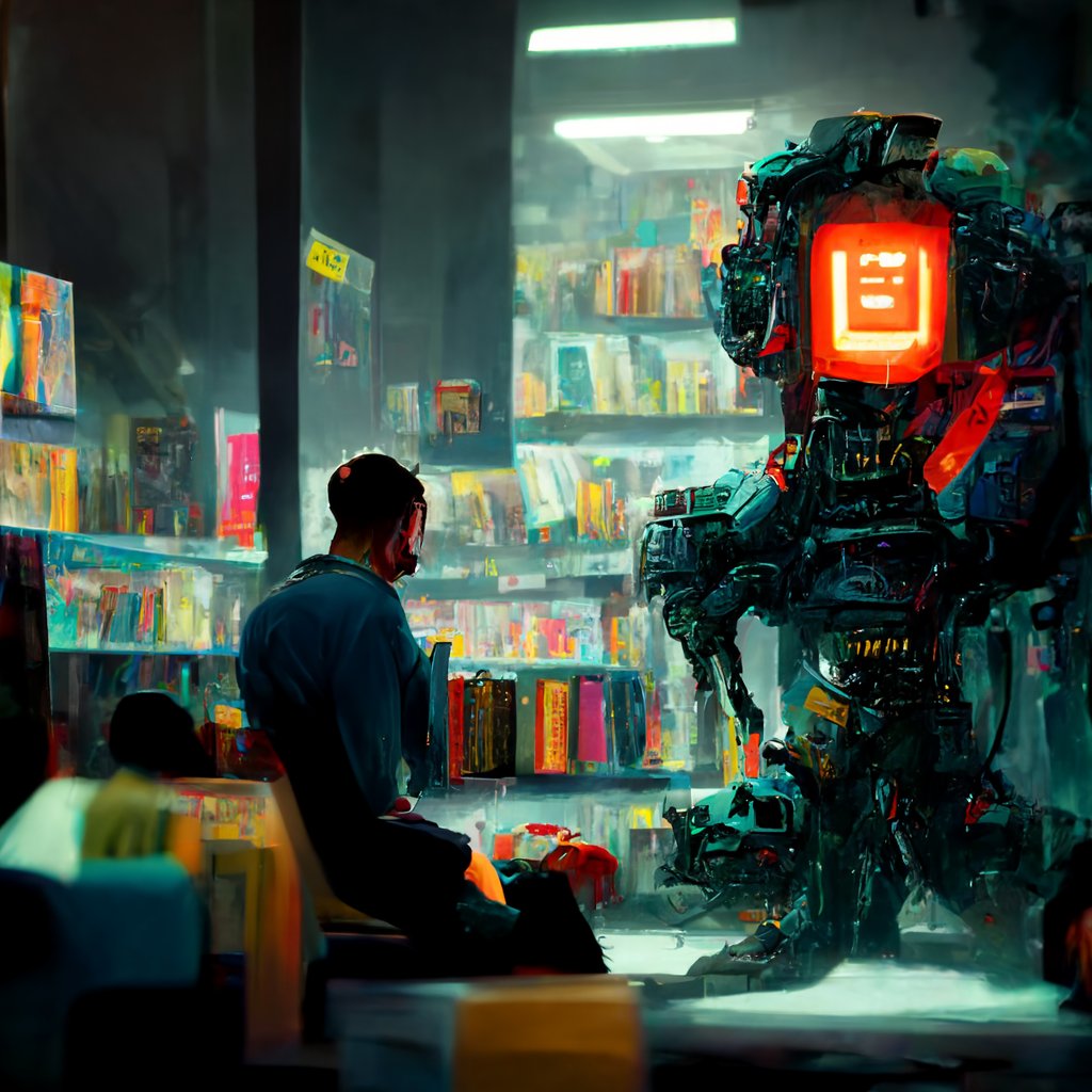 Cyberpunk Robot Encounter Qwen Image prompt example: Generates a cinematic sci-fi illustration of a person interacting with a large robot in a neon-lit futuristic shop.