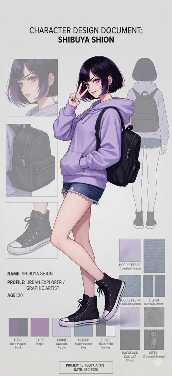 Anime Character Design Document Qwen Image 프롬프트 예시: Generates a comprehensive character reference sheet featuring a full-body pose, detail panels, color palettes, and material...