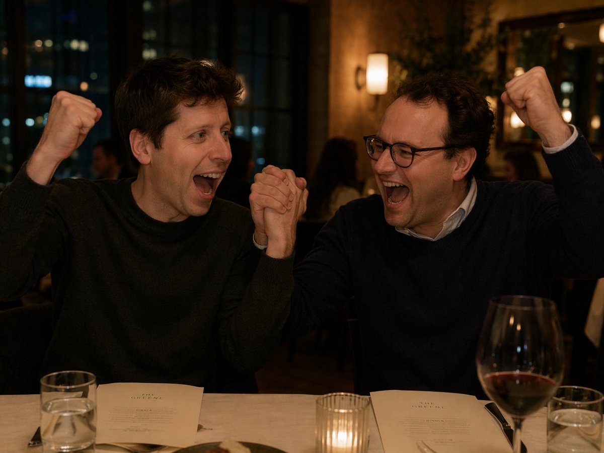 Two Men Celebrating at a Restaurant のQwen Imageプロンプト例: A candid photograph of two men enthusiastically celebrating at an upscale restaurant table.