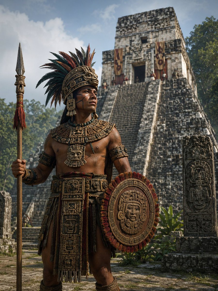 Cinematic Mesoamerican Warrior Portrait Qwen Image prompt example: Generates a highly detailed, photorealistic portrait of an ancient warrior in ceremonial armor standing before...