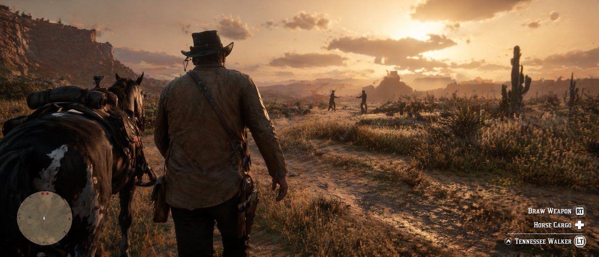 Western Open-World Game Screenshot Qwen Image prompt example: Generates a realistic third-person video game screenshot of a cowboy and his horse in a desert landscape, complete...
