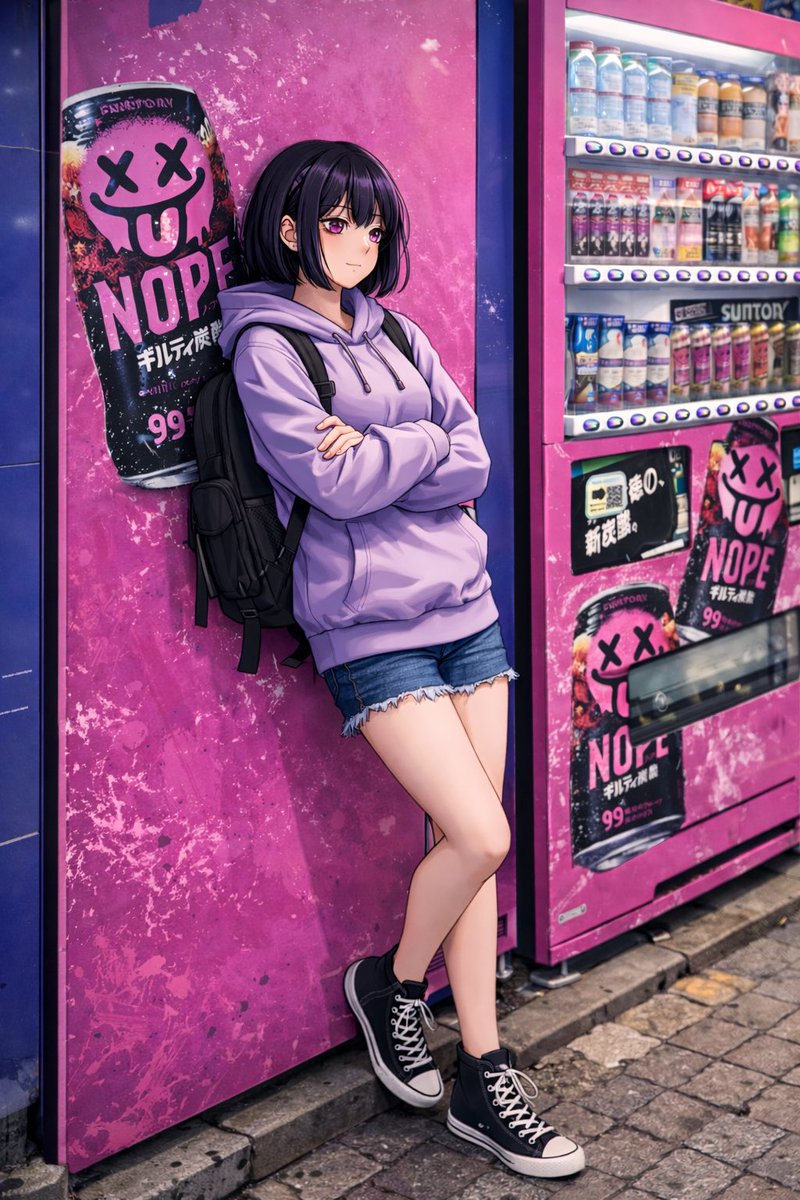 Anime Girl Leaning on Vending Machine GPT Image 2 prompt example: Generates an anime-style illustration of a casually dressed girl leaning against a brightly colored urban...