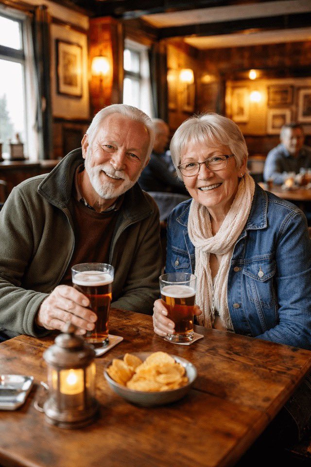 Couple Pub Portrait Transformation 的 Qwen Image 提示词示例图：Transforms a candid photo of a couple into a posed, stylized portrait with updated clothing, props, and a warm pub...
