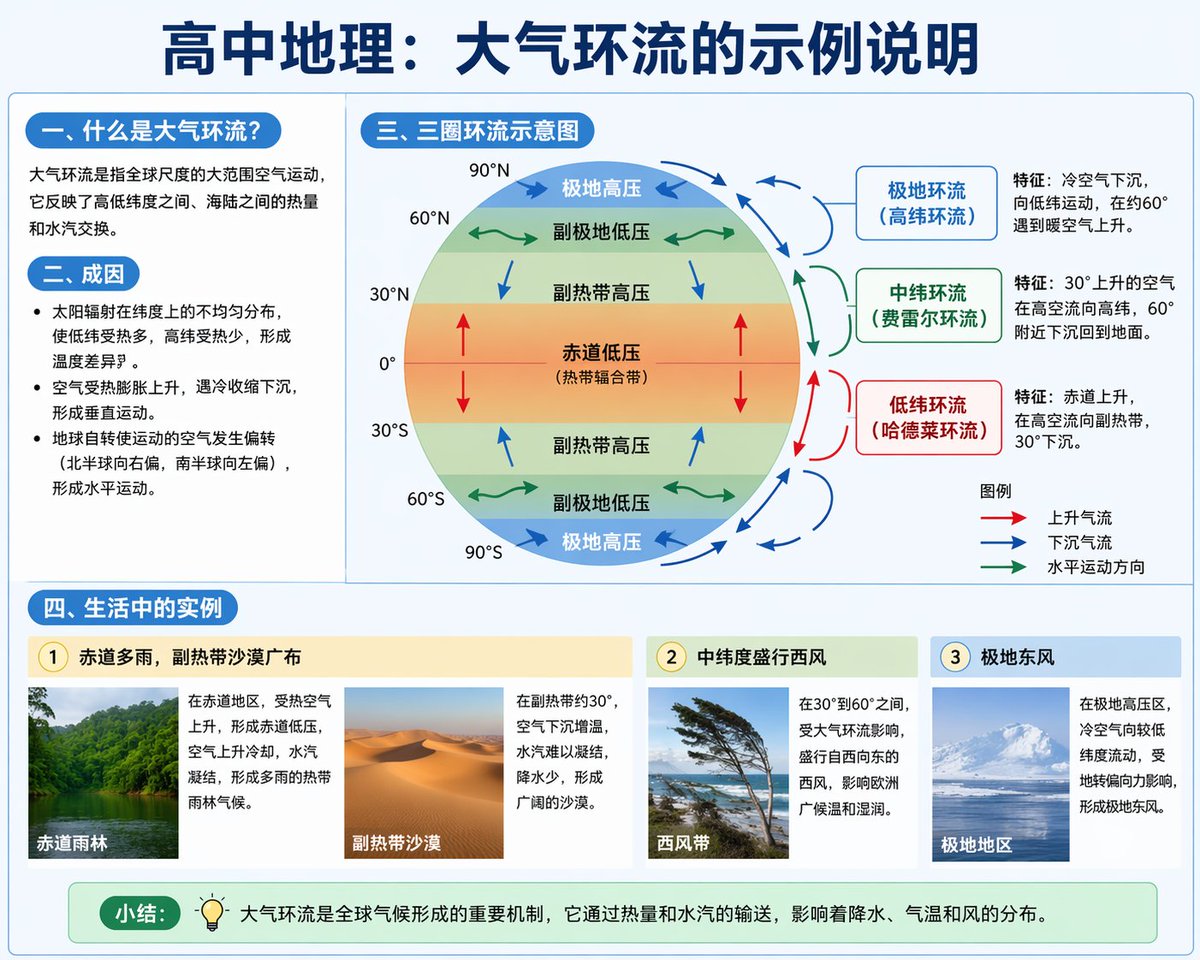 Educational Infographic on Atmospheric Circulation Qwen Image prompt example: Generates a detailed, multi-section educational infographic suitable for textbooks, featuring...