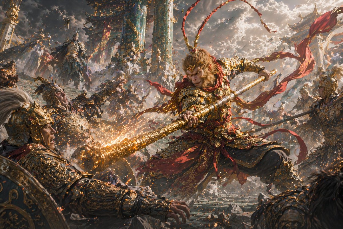 Epic Fantasy Monkey King Battle Qwen Image 프롬프트 예시: Generates a highly detailed, cinematic fantasy battle scene featuring a mythological warrior fighting soldiers in a heavenly...