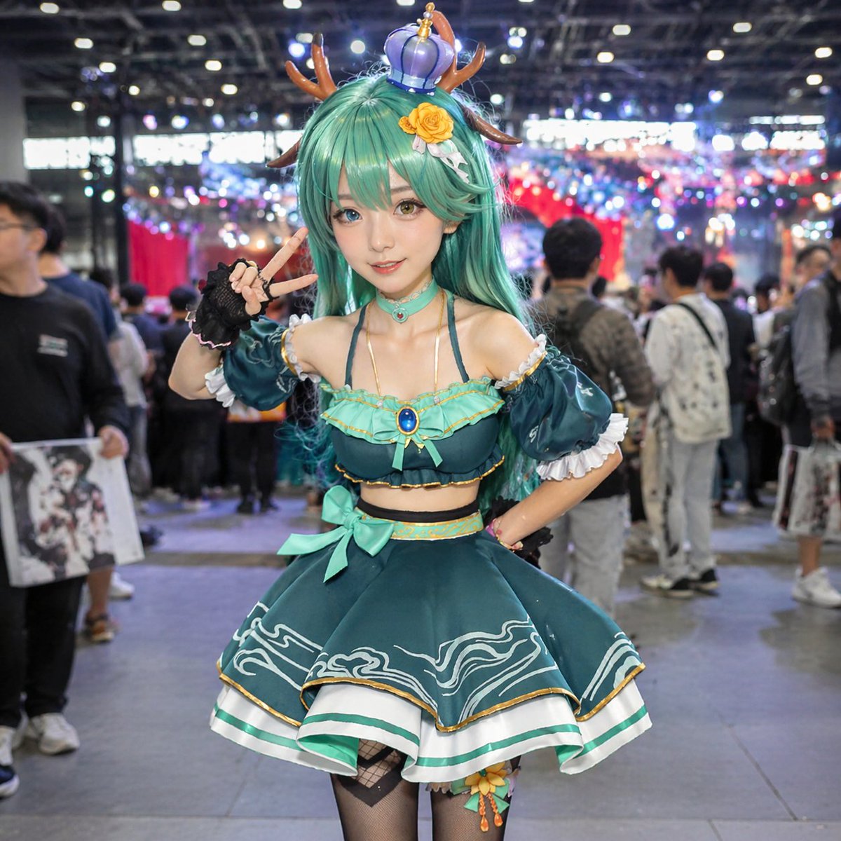 Cosplayer Portrait at Convention Qwen Image 프롬프트 예시: Generates a photorealistic image of a cosplayer posing at a busy convention, ideal for character visualization or event...