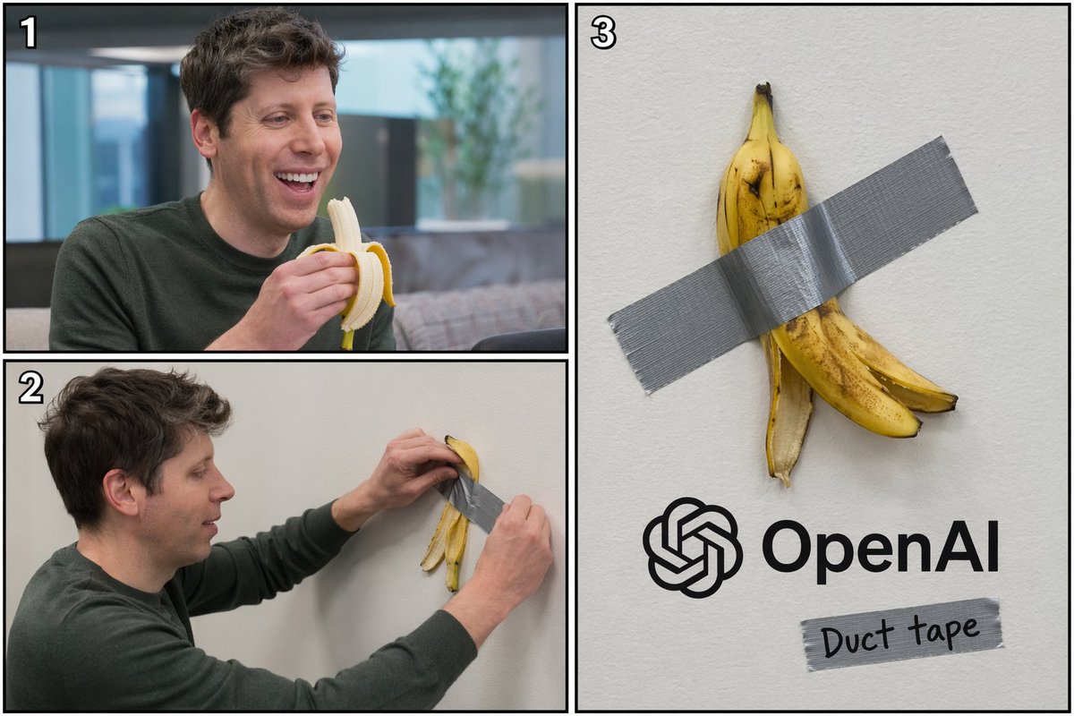 3-Panel Duct Tape Meme Comic Qwen Image prompt example: Generates a 3-panel comic showing a subject eating a fruit and taping the peel to a wall, parodying modern art and tech...