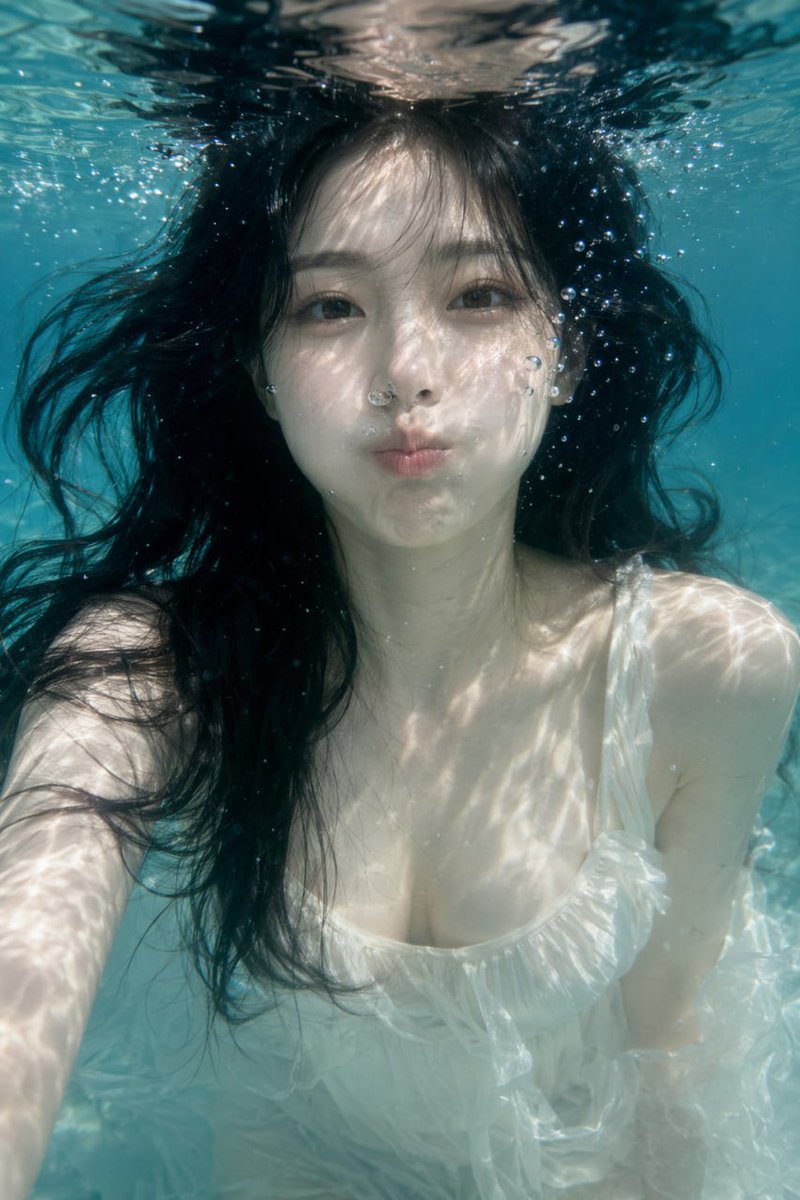 Underwater Photorealistic Portrait GPT Image 2 prompt example: Generates a highly realistic underwater portrait featuring floating hair, bubbles, and dynamic caustic lighting...