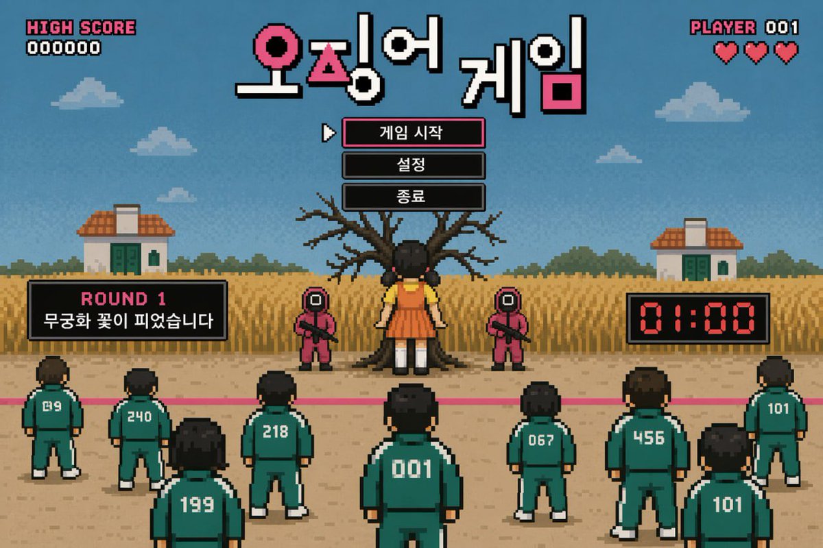 Pixel Art Survival Game UI Mockup Qwen Image prompt example: Generates a retro 8-bit style video game interface featuring a survival game scene with customizable text menus and...