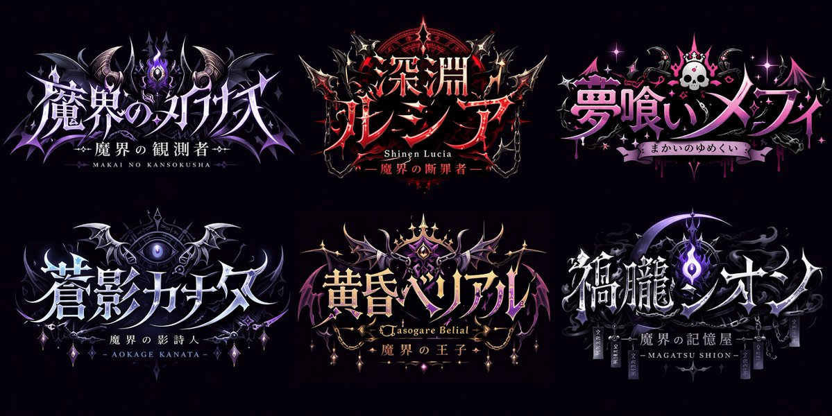 Gothic VTuber Logo Grid のQwen Imageプロンプト例: Generates a 2x3 grid of 6 distinct gothic fantasy VTuber logos with intricate typography and dark magic motifs.
