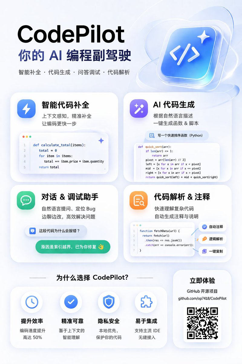 AI Coding Assistant Promo Infographic Qwen Image 프롬프트 예시: Generates a modern, glassmorphism-style promotional poster for an AI coding tool, featuring a 2x2 grid of feature cards...
