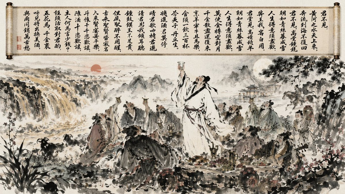 Traditional Chinese Ink Wash Banquet Qwen Image prompt example: Generates a traditional Chinese landscape painting of scholars drinking wine, complete with a calligraphy scroll...