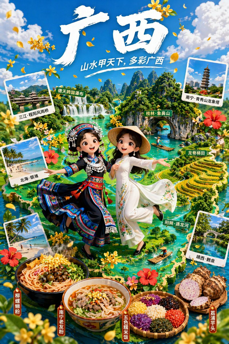 3D Animated Tourism Infographic Poster GPT Image 2 prompt example: Generates a vibrant 3D animated promotional poster featuring local landmarks, regional cuisine, and cultural...