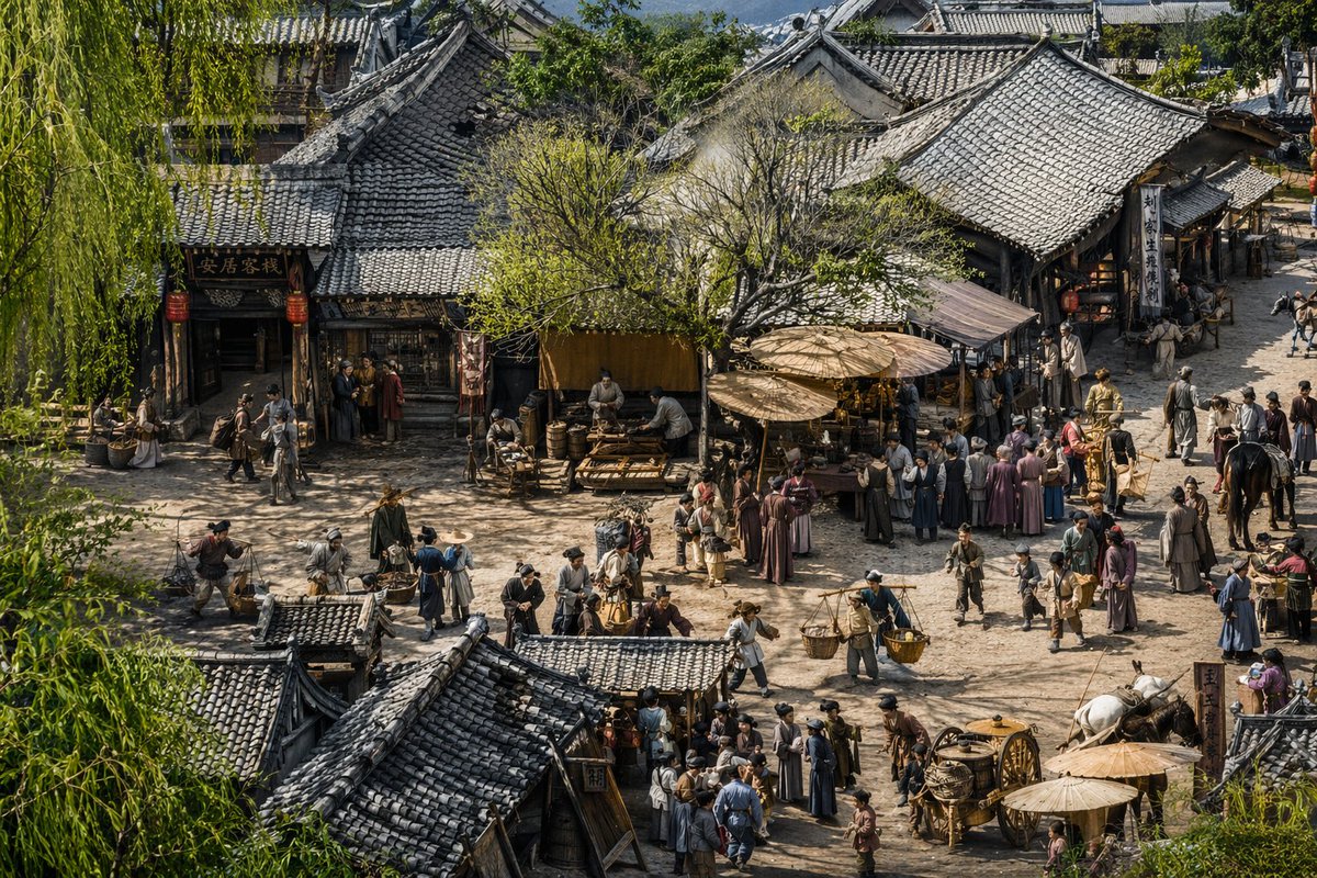 Realistic Ancient Chinese Street Scene のQwen Imageプロンプト例: Generates a hyper-detailed, bustling historical street scene inspired by classic Chinese scroll paintings.