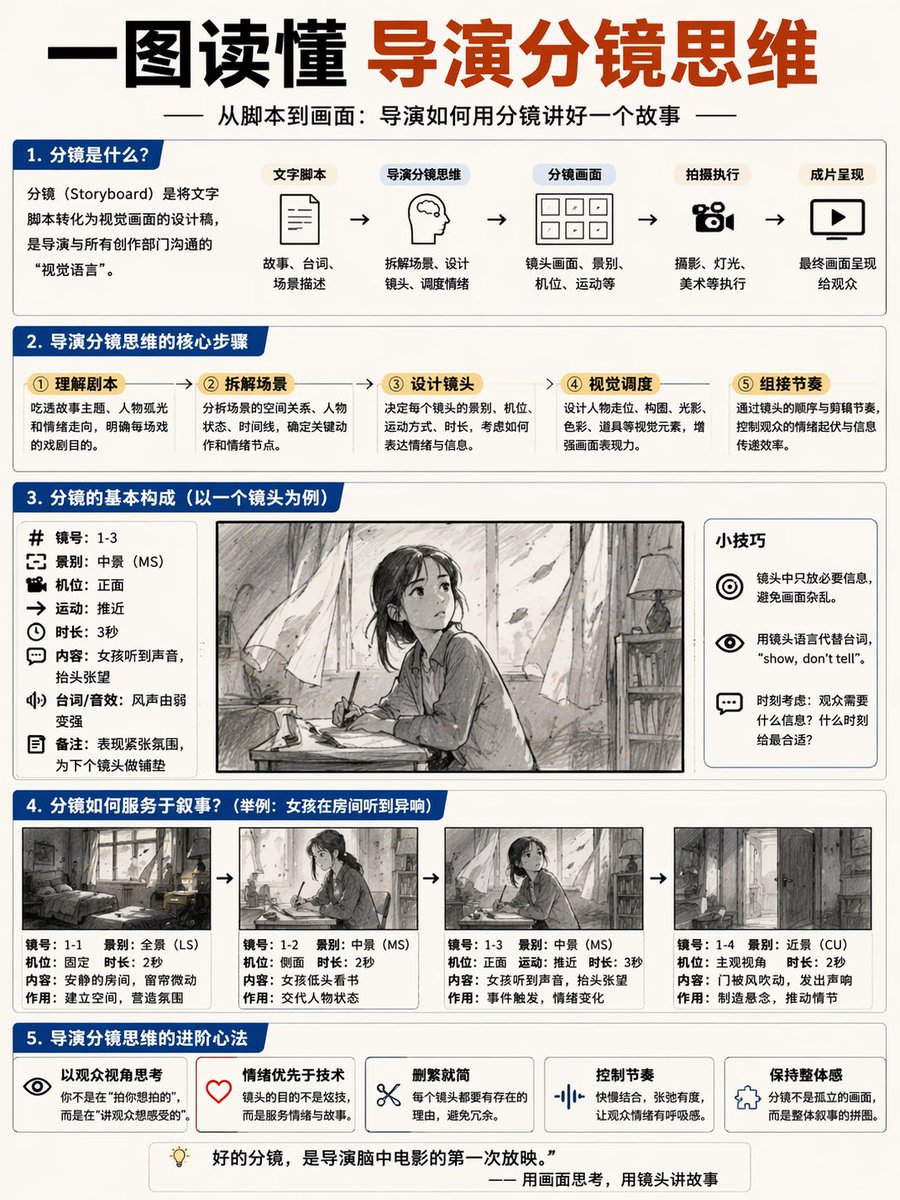 Storyboard Director Infographic のQwen Imageプロンプト例: Generates a comprehensive 5-section educational infographic about storyboarding, featuring flowcharts, parameter lists, and a...