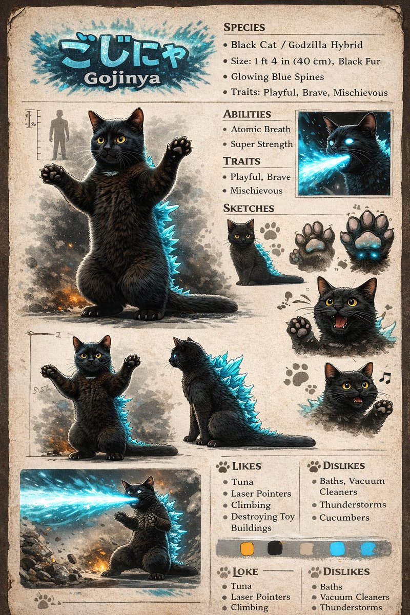 Creature Concept Reference Sheet GPT Image 2 prompt example: Generates a vintage-style field guide reference sheet for a hybrid creature, complete with stats, sketches, and...