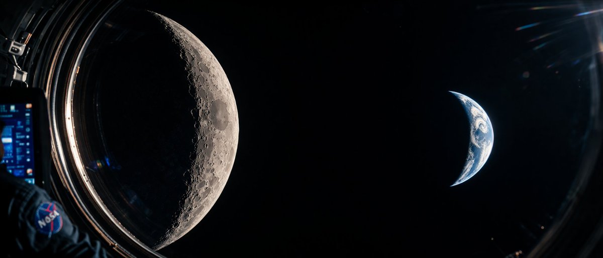 Cinematic Spacecraft View of Moon and Earth Qwen Image prompt example: Generates a photorealistic, cinematic view from inside a spacecraft window looking at celestial bodies,...