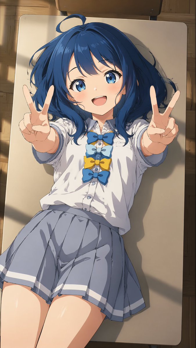 Overhead Anime Girl Peace Sign Portrait Qwen Image 프롬프트 예시: Generates a top-down anime illustration of a girl lying on a desk making peace signs, ideal for character fanart.