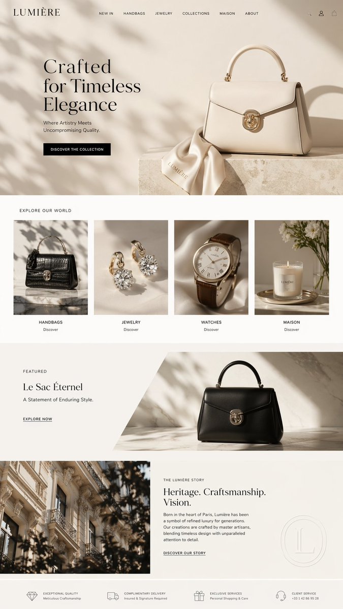 Luxury E-Commerce Landing Page Mockup Qwen Image prompt example: Generates a full-page UI mockup for a luxury brand website, featuring a hero section, product grid, featured...