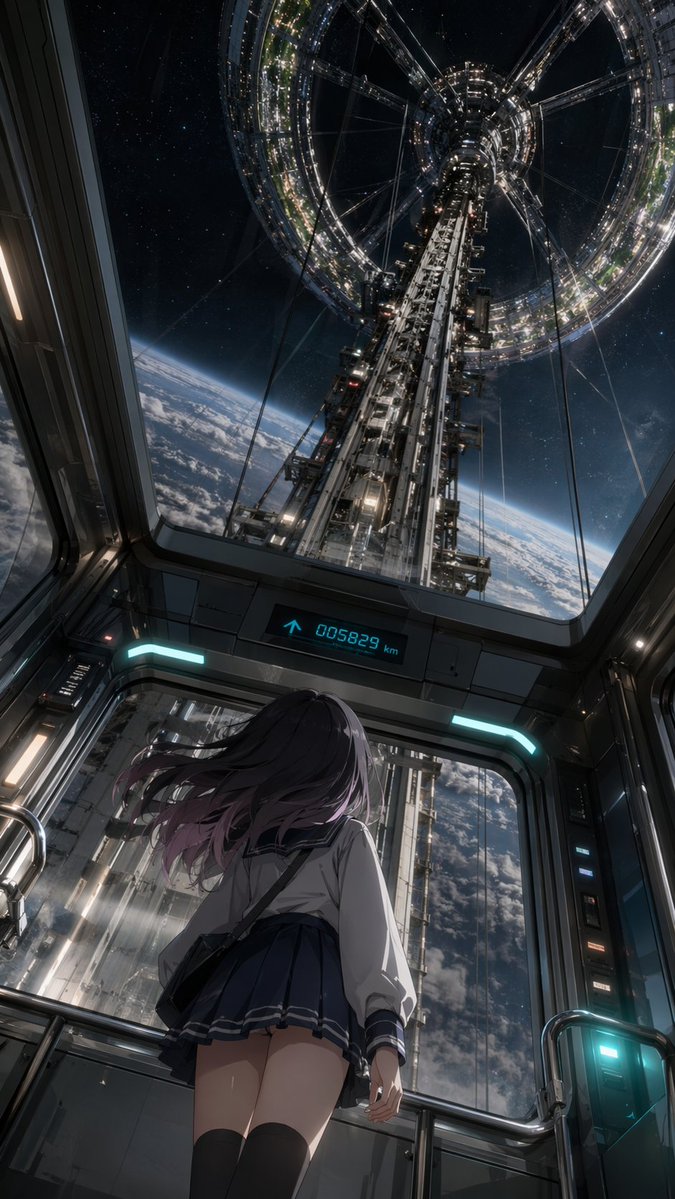 Anime Girl in Space Elevator Qwen Image prompt example: Generates an anime-style illustration of a character looking up at a massive space structure from inside a glass elevator.