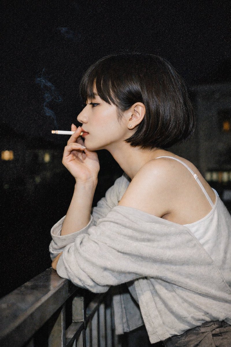 Cinematic Night Portrait of a Woman Smoking Qwen Image prompt example: Generates a photorealistic, moody nighttime portrait of a woman leaning on a balcony, ideal for cinematic...