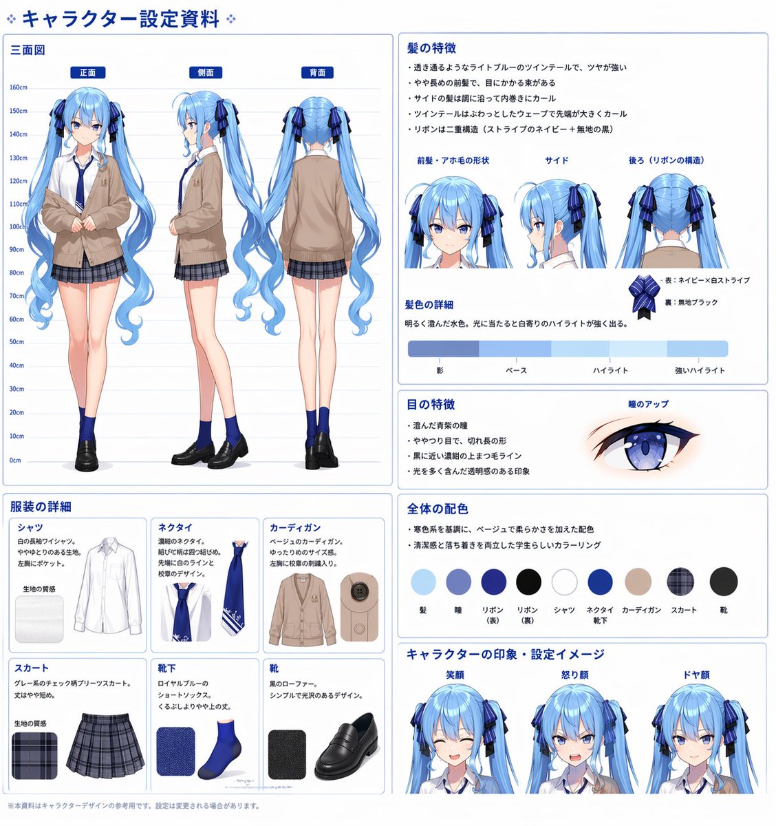 Comprehensive Anime Character Reference Sheet 的 GPT Image 2 提示词示例图：Generates a highly detailed, multi-panel character design document including turnarounds, expressions, color...