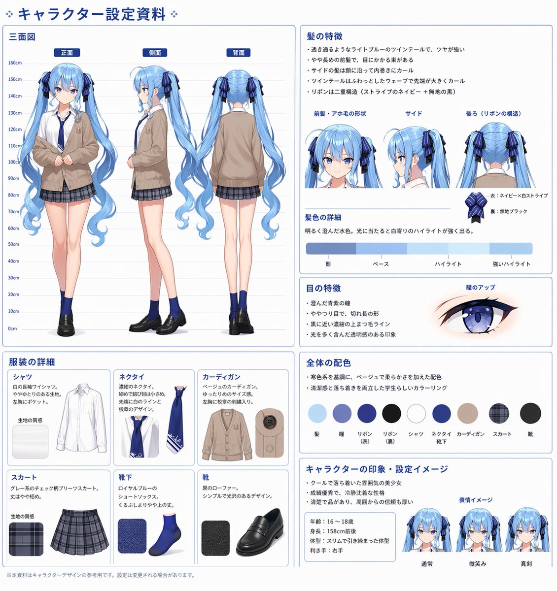 Comprehensive Anime Character Reference Sheet 的 GPT Image 2 提示词示例图 变化图 2：Generates a highly detailed, multi-panel character design document including turnarounds, expressions,...