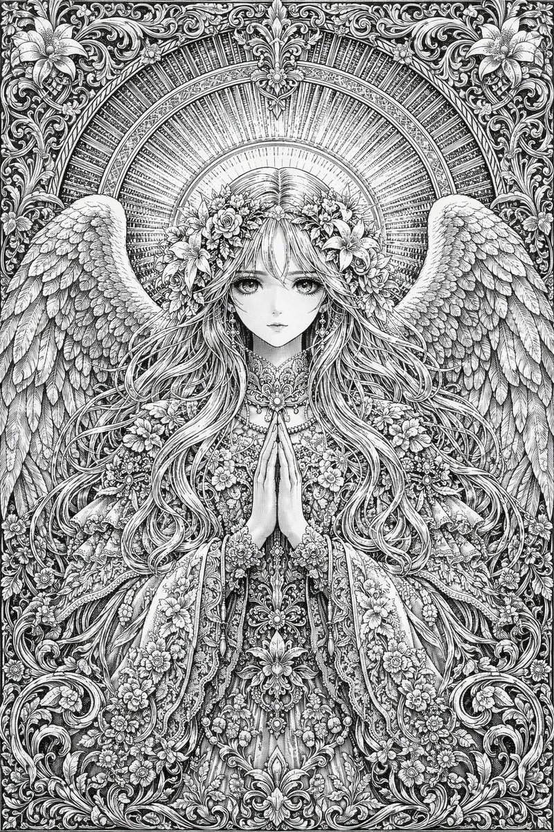 Intricate Monochrome Angel Line Art GPT Image 2 prompt example: Generates a highly detailed, black-and-white line art illustration of an angel with ornate floral and filigree...