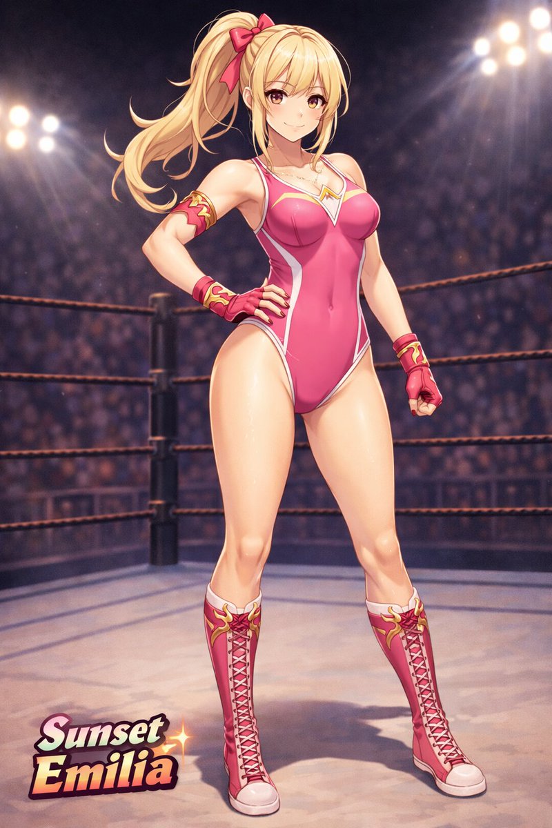 Anime Female Wrestler in Arena GPT Image 2 prompt example: Generates an anime-style illustration of a female wrestler posing in a ring with a custom text logo.