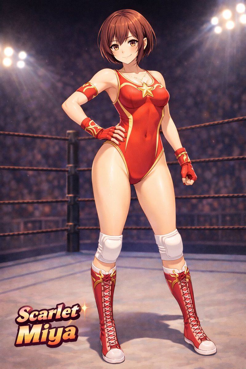 Anime Female Wrestler in Arena GPT Image 2 prompt example variation 2: Generates an anime-style illustration of a female wrestler posing in a ring with a custom text logo.