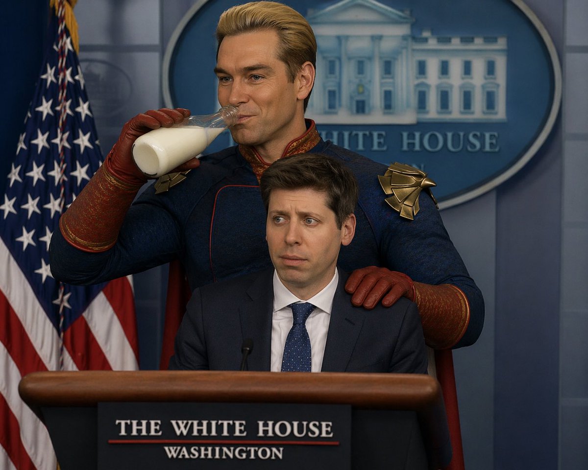 Intimidating Press Conference Meme Qwen Image 프롬프트 예시: A photorealistic satirical image of a superhero intimidating a tech CEO at a White House press briefing.
