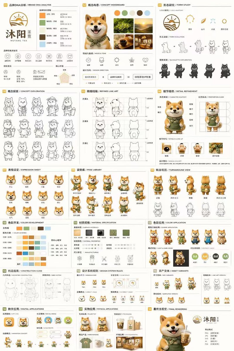 18-Panel Mascot Brand Identity Document のQwen Imageプロンプト例: A comprehensive 18-section brand guideline and character design sheet for a 3D mascot, detailing everything from...