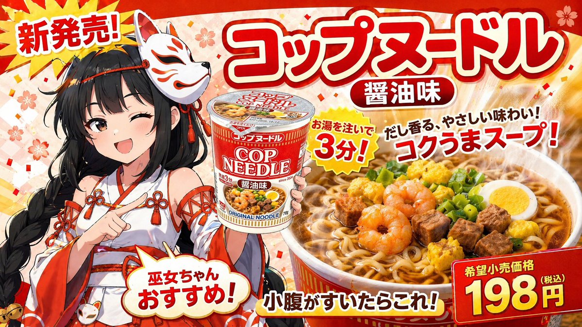 Anime Noodle Advertisement Banner GPT Image 2 prompt example: Generates a vibrant, text-heavy Japanese promotional banner featuring an anime character, a product mockup, and a...