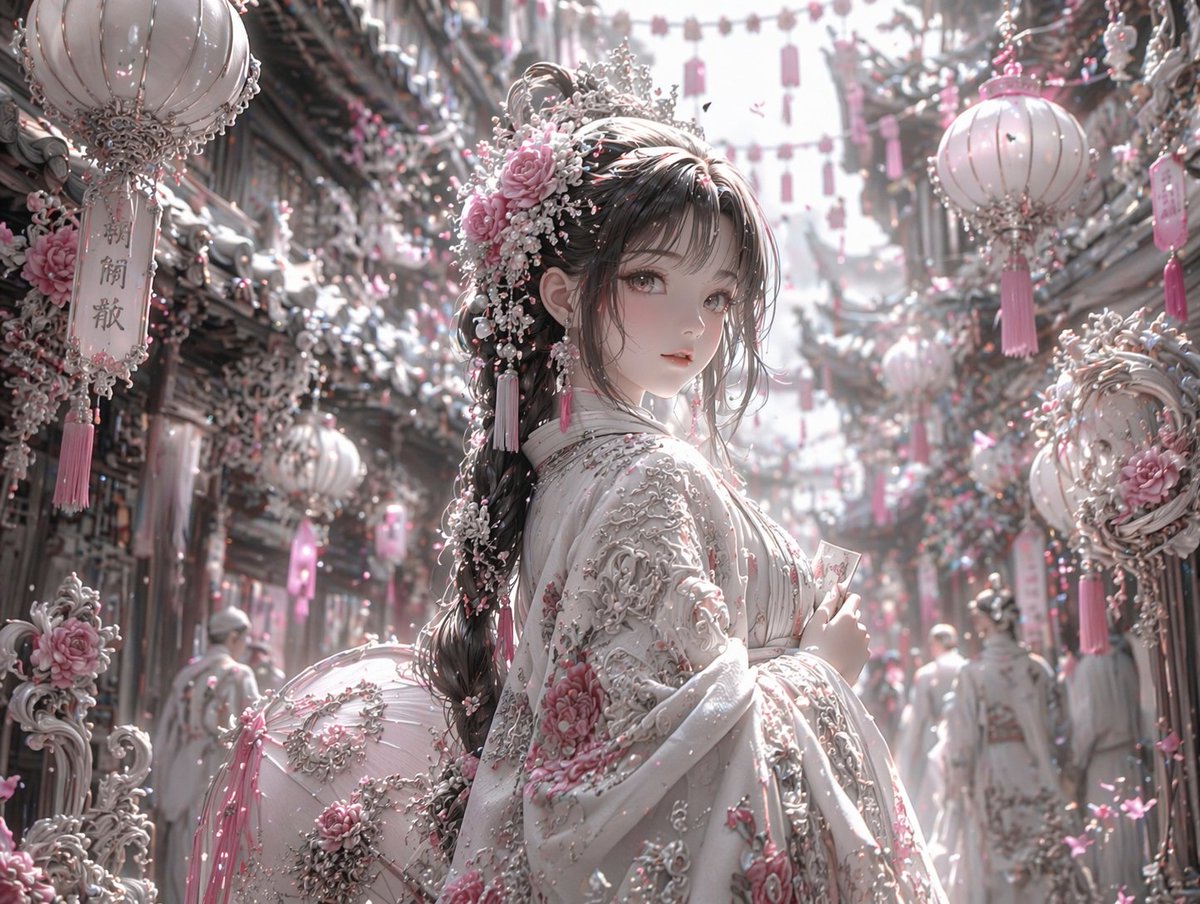 Pastel Pink and Silver Ornate Style Transfer のQwen Imageプロンプト例: Transforms a reference image into a highly detailed, ethereal fantasy aesthetic with a pastel pink, white, and...