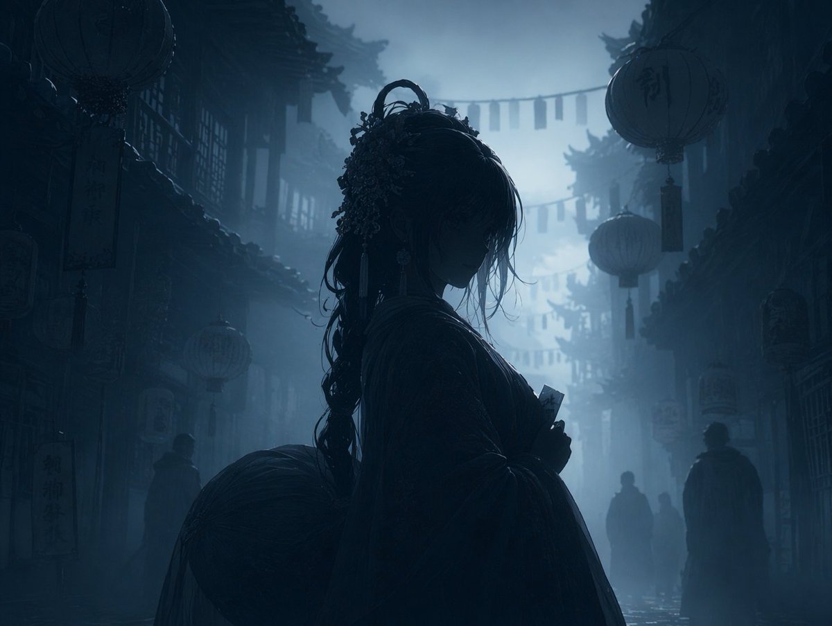 Dark Silhouette & Fog Style Transfer Qwen Image prompt example: Transforms a bright reference image into a dark, moody, and foggy silhouette scene with a monochromatic color...