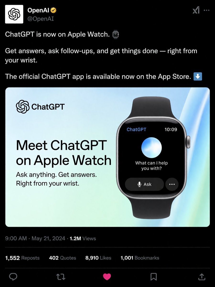 Social Media Product Announcement Mockup Qwen Image prompt example: Generates a realistic dark-mode social media post featuring a promotional graphic for a smartwatch app.