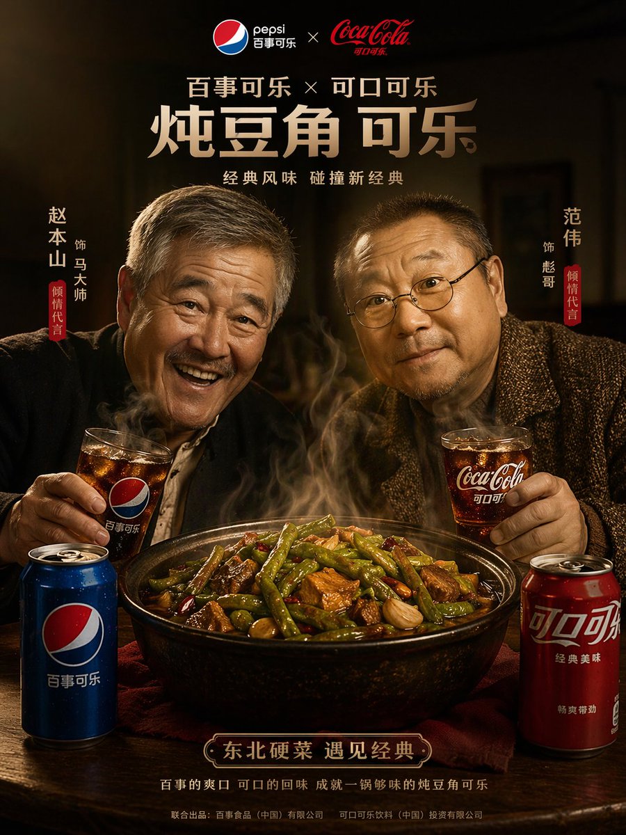 Cinematic Food & Beverage Collab Poster Qwen Image prompt example: Generates a dramatic, high-quality advertisement poster featuring two characters sharing a meal and competing...
