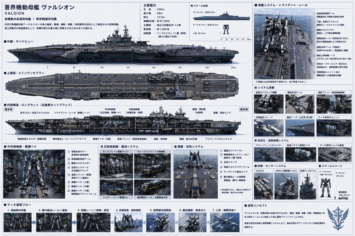 Sci-Fi Mecha Carrier Specification Sheet のQwen Imageプロンプト例: Generates a highly detailed, multi-panel technical infographic for a sci-fi mecha carrier, including cross-sections,...