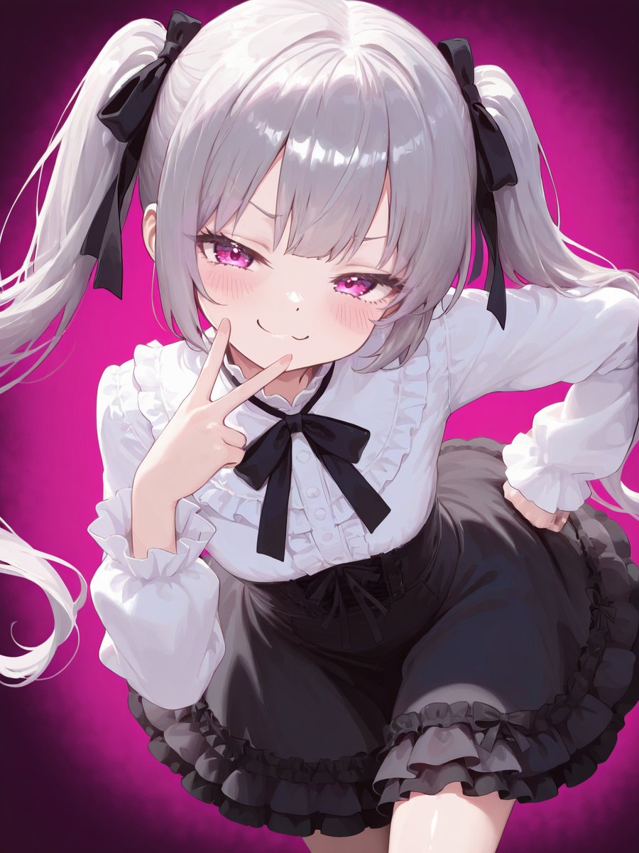 Anime Girl Smug Peace Sign Portrait Qwen Image prompt example: Generates an anime-style portrait of a girl making a peace sign with customizable hair, eyes, and background colors.