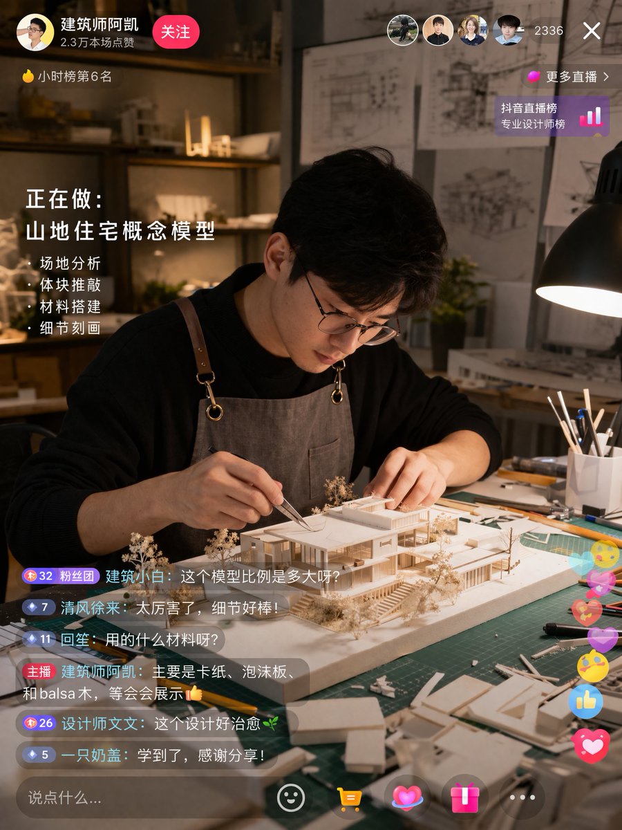 Architect Live Stream UI Mockup GPT Image 2 prompt example: Generates a realistic live stream interface of an architect building a scale model, featuring customizable chat...