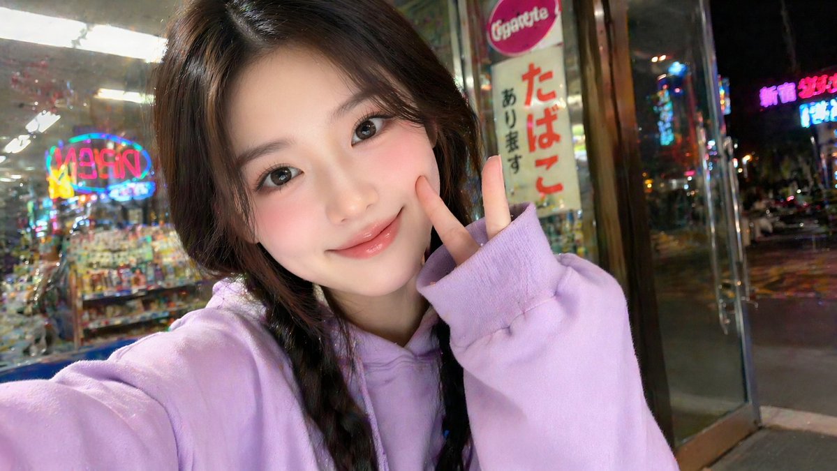 East Asian Girl Influencer Portrait のQwen Imageプロンプト例: A detailed photorealistic prompt for generating a youthful portrait with a social media aesthetic in a Japanese convenience...
