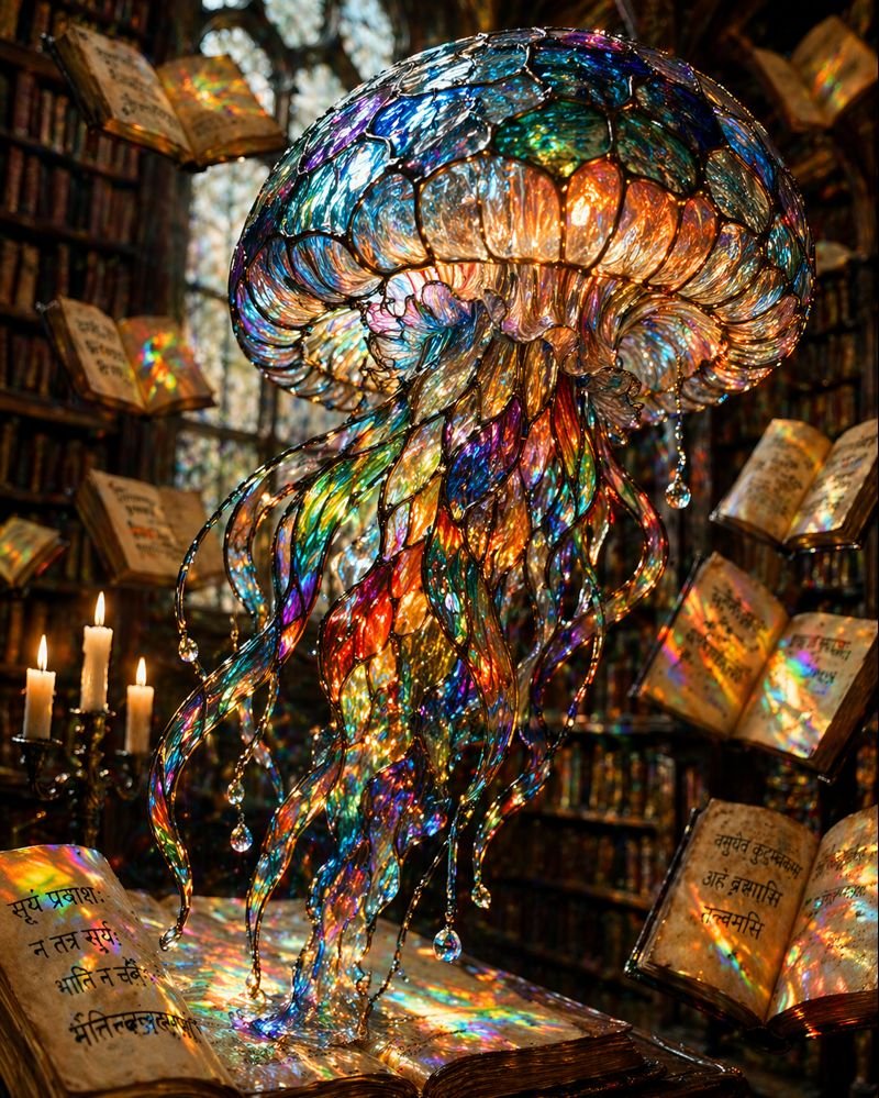 Macro Stained Glass Jellyfish Qwen Image prompt example: A surreal and detailed prompt for a macro shot of a glass jellyfish in a library setting.