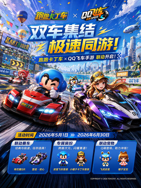 Game Crossover Promotional Poster Qwen Image 프롬프트 예시 변형 4: A prompt for generating promotional posters for a cross-over event between two popular racing games.
