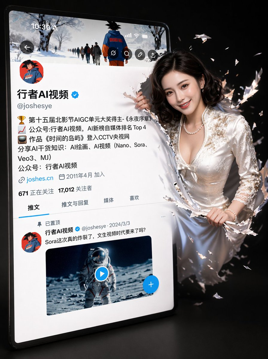 3D Social Media Profile Break-Out Qwen Image prompt example: A complex prompt to generate a 3D effect where a character breaks out of their social media profile screen,...