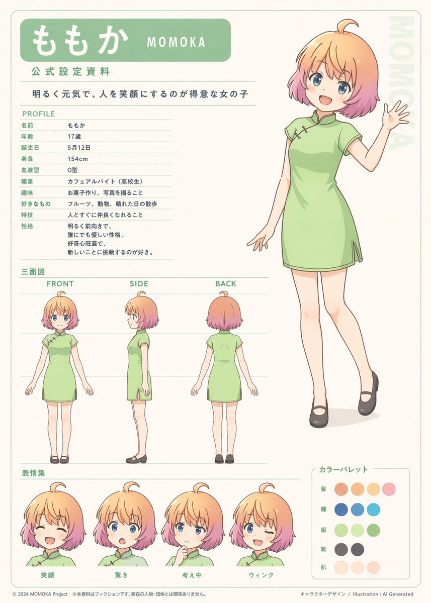 Orthographic Reference Sheet Generation のQwen Imageプロンプト例: A straightforward prompt for generating character design reference materials that include multi-view orthographic...