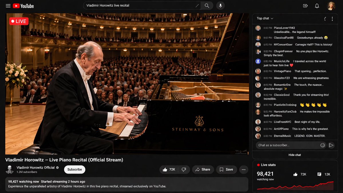 Classic Pianist Live Stream GPT Image 2 prompt example: A realistic image prompt depicting a classical piano recital by Vladimir Horowitz as if it were a modern video platform...