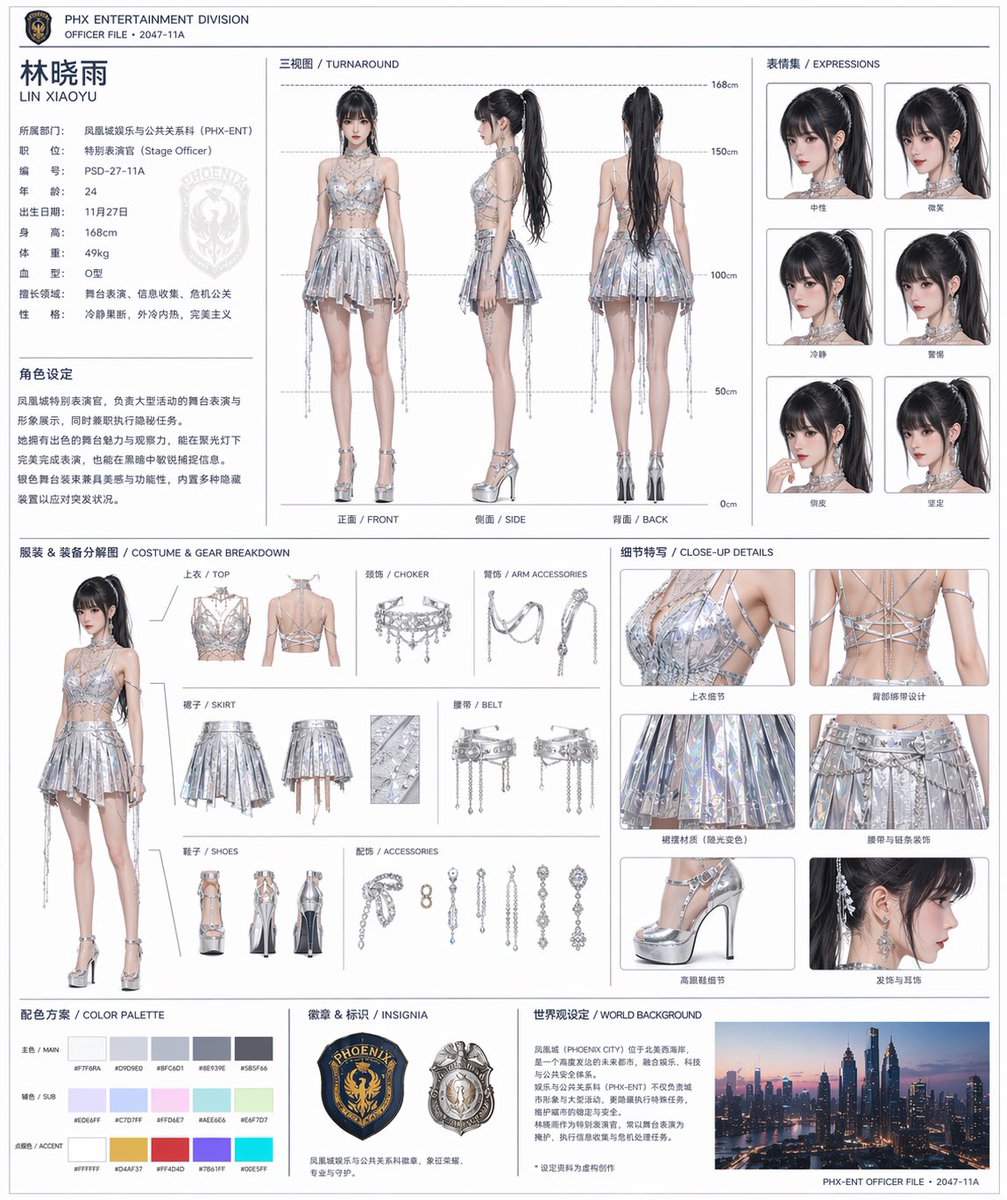 Official Style Character Concept Sheet Prompt Qwen Image 프롬프트 예시: A comprehensive template for generating character reference sheets including multi-angle views, expressions, and...