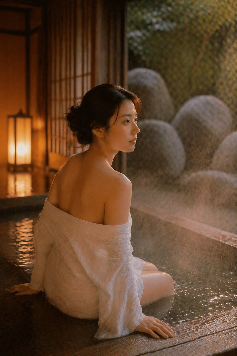 Retro Japanese Onsen Photography のQwen Imageプロンプト例 バリエーション 3: A sophisticated prompt for generating cinematic, 35mm film-style images of a traditional Japanese hot spring inn...