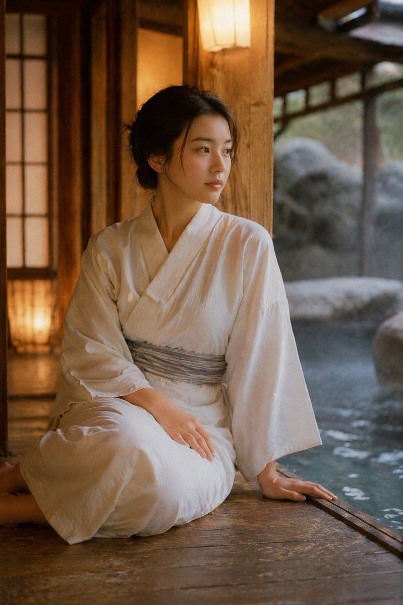 Retro Japanese Onsen Photography のQwen Imageプロンプト例: A sophisticated prompt for generating cinematic, 35mm film-style images of a traditional Japanese hot spring inn with warm,...